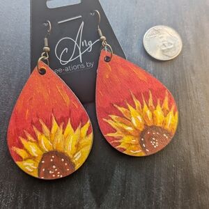 Hand-Painted Sunflower Teardrop Earrings - Red & Yellow